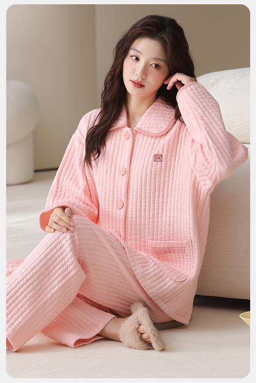 法拉兔 长袖长裤睡衣女280克纯棉夹层冬季新款开衫保暖家居服套装